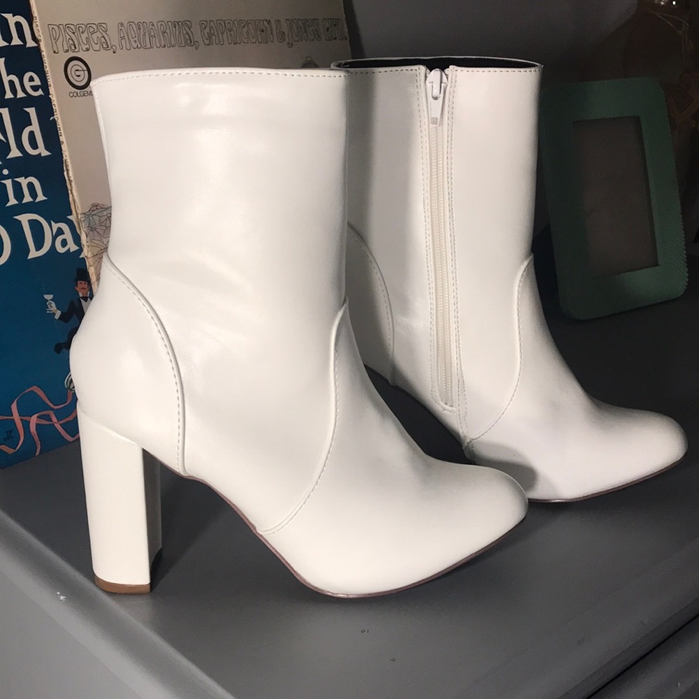 White patent leather ankle booties